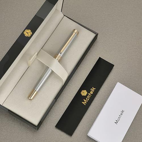 MCNTEIK Silver Chrome Rollerball Pen, Stunning Luxury Pen with Mesh Texture Design、Silver Chrome Finish and 24K Gold Accents, Nice Gift Set for Men & Women, Business, Executive, Office, Fancy Pens - color: Silver Chrome with Gold