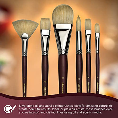 Silver Brush Limited Silverstone Fan Oil Paintbrush, Size 8, Long Handle | Stiff Flagged Hog Bristle, Superb Paint Absorbency, Lightly Textured Strokes, Smoothing, Blending, Lifting, Softening Colors - size: Size 8
