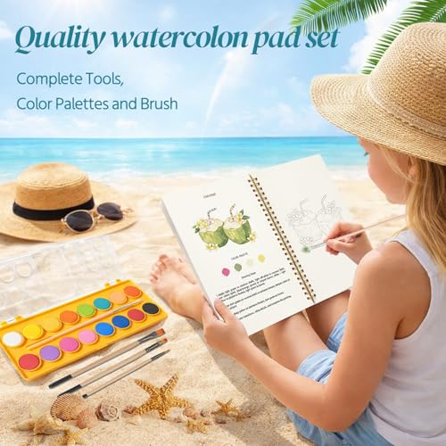 Easy Watercolor Painting Kit，Watercolor Workbook For Beginners | 16 Colors Water Color Workbook with 3 Brushes, Water Coloring Book Gift For Women And Kids. - color: SUMMER TIDES