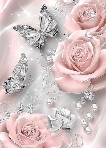 5D Diamond Painting Kits for Adults, Butterfly Rose Flower Diamond Art Kits | DIY Full Drill Diamond Dot Gem Painting for Home Wall Decor 12x16inch - color: KM53-1