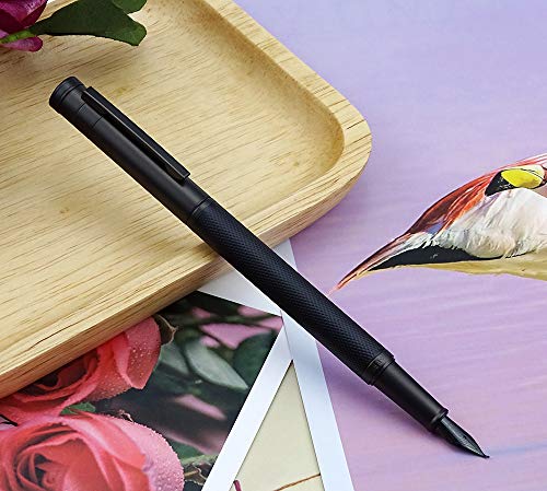 Brushed Black Forest Fude Pen, Bent Nib Calligraphy Fountain Pen (Fine to Broad) with Converter and Metal Box Set by Asvine - color: Black, style: Bent Point
