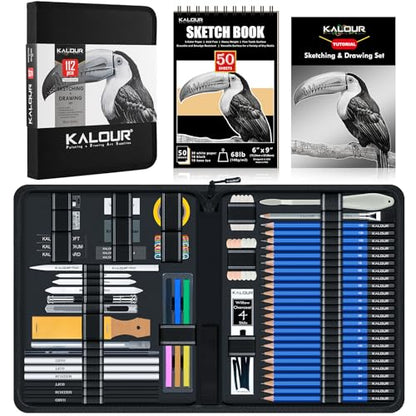 KALOUR PDAS 112 Drawing Set Sketch Kit, Pro Art Supplies with 3-Color Sketchbook, Graphite, Charcoal Pencils, Art Drawing Kit for Artists Adults Teens Beginners, Ideal for Shading & Blending