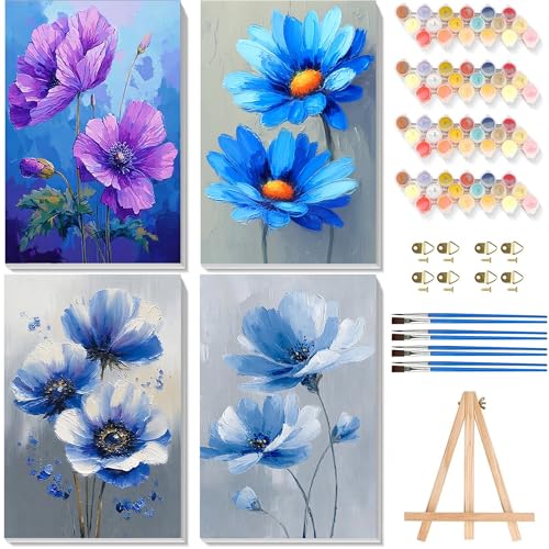 4 Pack Flower Paint by Numbers for Adults with Framed Canvas - Wooden Easel - color: BKH1842+BKH1843+BKH1844+BKH1845