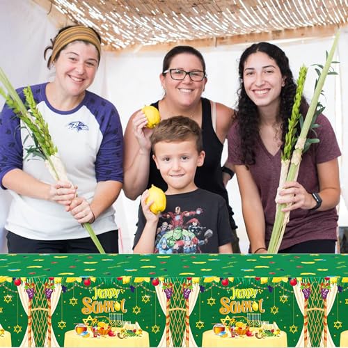 1Pc Happy Sukkot Party Plastic Tablecloth 54 x 87 Inch Long Table Cover, Jewish Fiesta Party Tablecover for Sukkah Let's Rejoice Kids Baby Shower Birthday Dinner Picnic Kitchen Event - color: Happy Sukkot