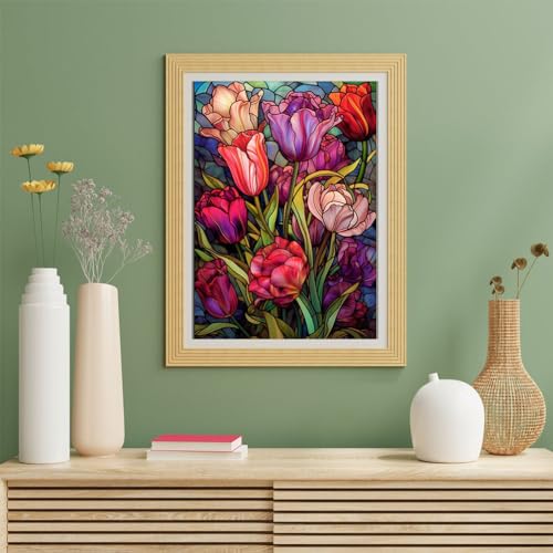 Tulips Diamond Art Painting Kits for Adults - Stained Glass Flower Round Full Drill Diamond Dots Paintings for Beginners, 5D Paint with Diamonds Pictures Gem Art Painting Kits DIY Crafts Project - color: tulip