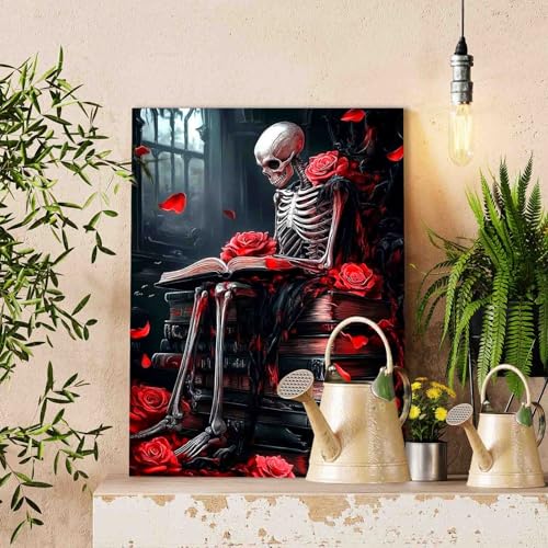 Skeleton Gothic Art Red Roses Skeleton Reading Paint By Numbers Kits Church Fantasy Scene Skull On Books Dark Romantic Theme Paint By Number Sets Horror Lovers Gift Decor 16''W X 20''H (Frameless) - color: Dark Raven-03, size: 16''x20''(Frameless)