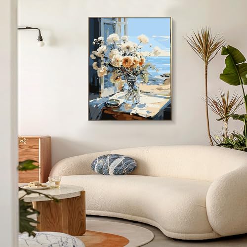 PRASIO Framed Paint by Numbers Kit for Adults Beginner, Flowers Adult Paint by Number Kits on Canvas Framed, DIY Acrylic Watercolor Oil Paint by Numbers with Frame for Gift Home Decor 16x20 Inch - color: XM-OP-F-WindowWhiteFlower-4050