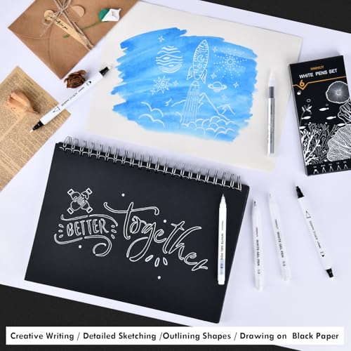 HNIHUY White Ink Pens, White Gel Pens, Brush Tip Acrylic Markers | Dual-Tip Opaque White Paint Pens for Black Paper Drawing, Sketching, Illustration, Card Making, 6 Pack