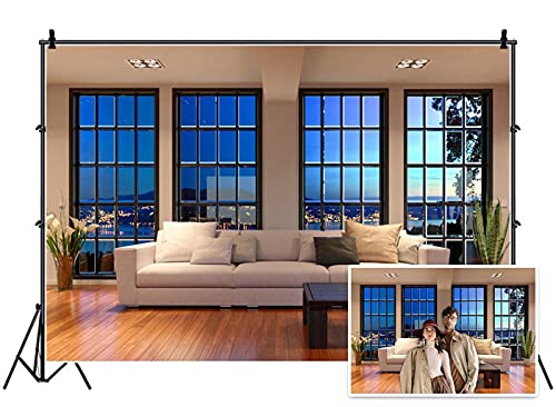 Vinyl 8x6ft Modern Living Room Backdrop for Photography City Night View | Business Office French Window Cozy Sofa Photo Background Interior Home Decor, Luxury Apartment Live Streaming Portrait Props - size: 8x6ft