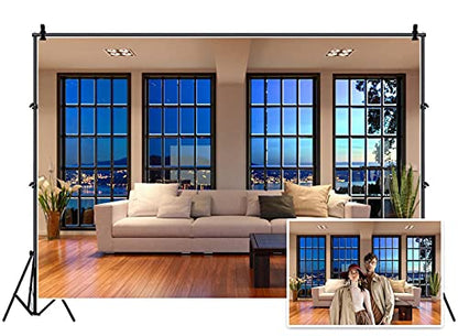 Vinyl 8x6ft Modern Living Room Backdrop for Photography City Night View | Business Office French Window Cozy Sofa Photo Background Interior Home Decor, Luxury Apartment Live Streaming Portrait Props - size: 8x6ft