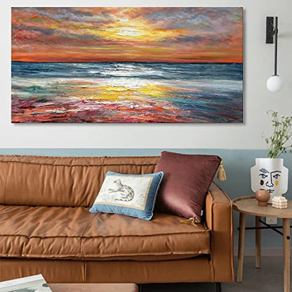 Art Sea Sunrise Landscape Modern Abstract Oil Painting Canvas Oil Painting Wall Art Decoration 24x48 inch - color: Yi012