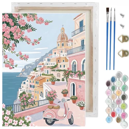 Seaside Landscape Paint by Numbers Kit for Adults, DIY Oil Painting 10x12In - color: Mediterranean-2605