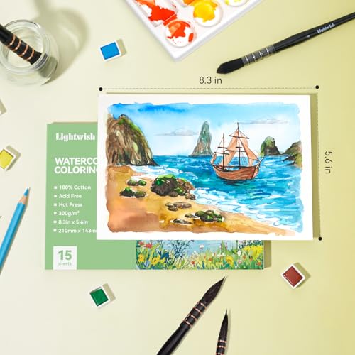 Lightwish Watercolor Coloring Book for Adults & Beginners,100% Cotton 300gsm/140lb Acid-Free Hot Press Paper, 8.3 x 5.6 Inches,15 Sheets,Landscape-Themed - color: Landscape-Themed