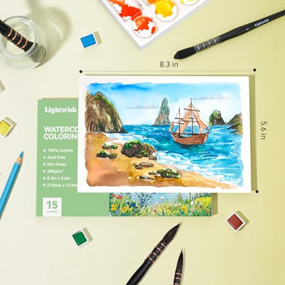 Lightwish Watercolor Coloring Book for Adults & Beginners,100% Cotton 300gsm/140lb Acid-Free Hot Press Paper, 8.3 x 5.6 Inches,15 Sheets,Landscape-Themed - color: Landscape-Themed
