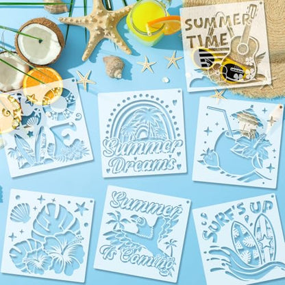 Konsait 16 Pack Summer Stencils, 6" Reusable Hello Summer Palm Tree Sun Tropical Animals Beach Stencils for Painting, DIY Crafts, Wall, Wood, Shirts, Canvas and More