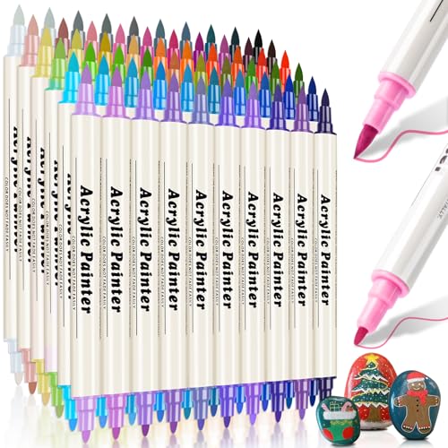 60 Colors Dual Tip Acrylic Paint Pens Markers, Brush & Fine Tip Coloring Drawing Markers for Christmas Decorations, Waterproof Making Art Supplies for Wood, Fabric, Stone, Glass, Rock Painting - color: 60 Colors / Brush & Fine Tip