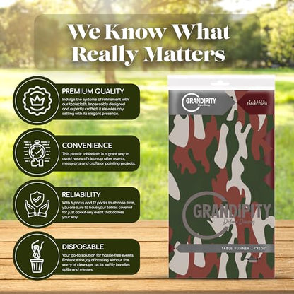Grandipity Camouflage 6 Pack Premium Disposable Plastic Tablecloth 54 Inch. x 108 Inch. Rectangle Table Cover - color: Camouflage, size: 54" x 108" - 6 Pack