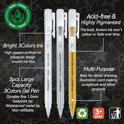 PANDAFLY Gold Silver White Gel Pens, 3-Pack, 1.0mm Fine Point Gel Ink Pens | 3 Colors Archival Ink Pens for Highlights, Black Paper Drawing, Sketching, Illustration, Card Making, Bullet Journaling - style: Gold Silver White-1.0mm