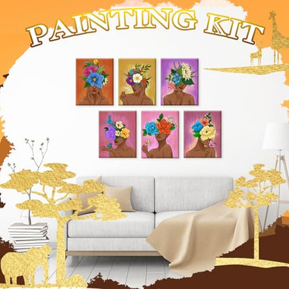 Motipuns 12 Set Flower Crown Lady Pre Drawn Canvas for Paint for Adults | 12 x 16 Inch, Sip and Paint Party Kit, Pre Printed Framed Canvas with Easels Paints Brushes Aprons, Party Adult Art Supplies - style: Black Floral Girl