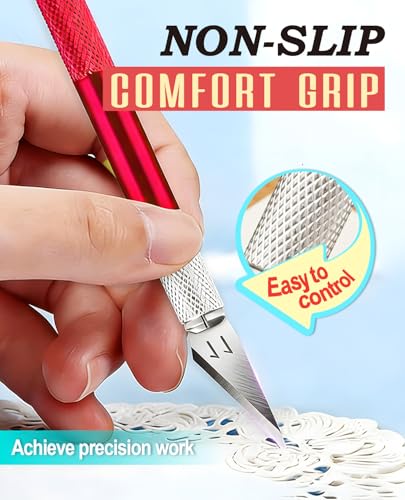 DIYSELF Hobby Knife Set with 10 Extra #11 Blades, 15cm Metal Ruler for Art | Hobby Knife Set for Model Making, Pottery, Paper & Vinyl Projects, Exacto Knife for Crafting, Artists & Hobbyists, Red - color: Red