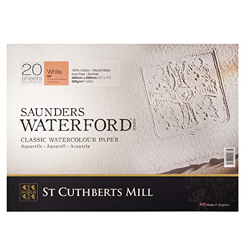 St. Cuthberts Mill Saunders Watercolor Paper Block - 14x10-inch White 100% Cotton- 20 Sheets of 140lb Hot Press for Gouache Ink Acrylic Charcoal and More