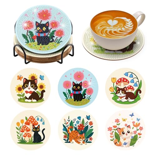 Zynlio Cat Diamond Paintings Coasters Kits Set with Holder,Animal Diamond Art, DIY Diamond Crafts Coasters for Adults, Diamond Art Painting Kits for Women, Beginners, Diamond Craft Supplies - color: Cat