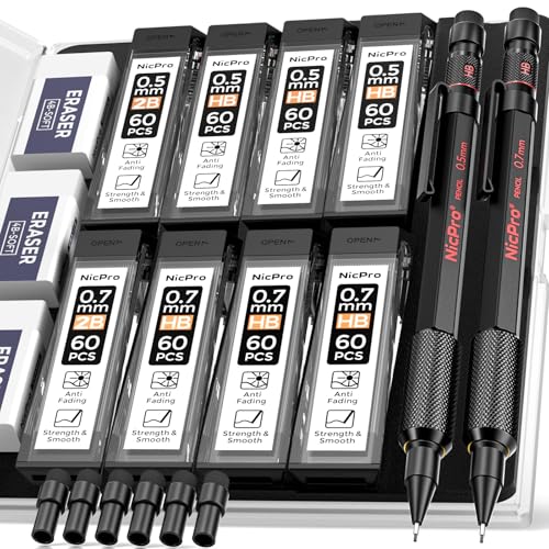 Nicpro 0.5 mm & 0.7 mm Metal Mechanical Pencil Set with Case, 2 PCS | Heavy Duty Lead Pencil + 6 Tube HB 2B Lead Refill, Eraser, Weatherproof Metal Barrel for Outdoor Writing Drafting Drawing - size: 0.5mm & 0.7mm