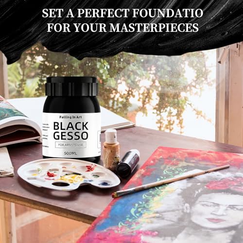 Falling in Art 16.9 Oz Black Gesso Primer for Acrylic &Oil Painting | Non-Toxic Canvas Primer Surface Prep Medium, Mixable Black Gesso Primer for Canvas, Wood, Paper, Plastic - color: Black