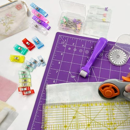 Daily Treasures 45mm Rotary Cutter Set with 5pcs Blades (Straight,Wave,Dot), No Constant Pressing Steel Rotary Fabric Cutter, Sewing Supplies Kit Includes A3 Cutting Mat, Acrylic Ruler, Seam Roller
