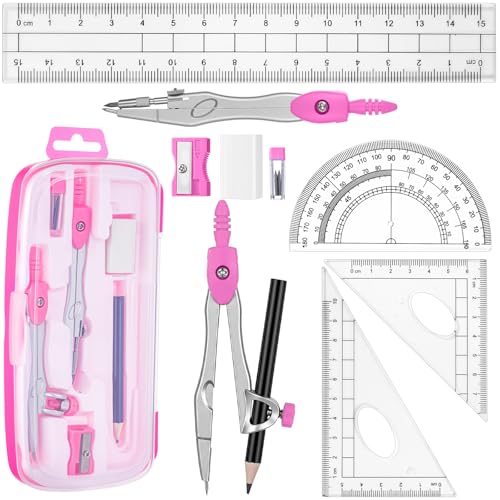 Zonon Math Geometry Set for Students 10 Pcs Compass Geometry Tools Kit Includes Protractor Compass Lead Refills Rulers Pencil Sharpener Eraser Pencil Storage Box for Drafting and Drawings(Pink) - color: Pink