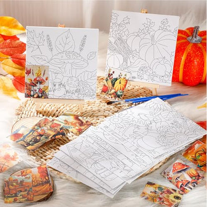 Teling 12 Pcs Fall Pre Drawn Stretched Canvas Kit for Adults Painting Pre Printed Canvas Outline for DIY Painting Party Favor, 6 x 6 x 0.6 Inches(Fall) - style: Fall