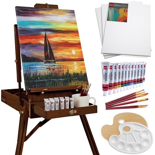 Best Choice Products Art Easel for Painting, Portable Wooden Adjustable Artist Tripod with Sketch Box, 32-Piece Art Set with Acrylic Paints, Brushes, Canvases & Palette - Walnut - style: Walnut