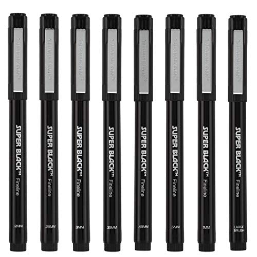 Creative Mark Ultimate Fine Line Drawing Pens Super Black, Permanent, Waterproof, & Acid-Free Assorted Tips and Large Brush Pen - [Fineliners and Sketch Set of 8]