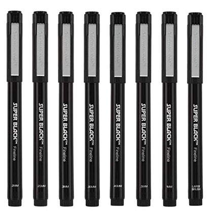 Creative Mark Ultimate Fine Line Drawing Pens Super Black, Permanent, Waterproof, & Acid-Free Assorted Tips and Large Brush Pen - [Fineliners and Sketch Set of 8]