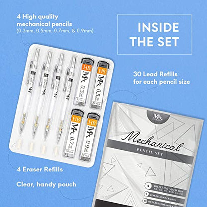 MozArt Mechanical Pencil Set 4 Sizes 0.3 0.5 0.7 0.9mm HB Lead Clear | 30 HB Lead & Eraser Refills – Sketch, Drafting, Art & Drawing for Artists, Students & Architects – Clear Transparent Body - color: Clear