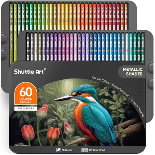 Shuttle Art 60 Metallic Colored Pencils, Colored Pencils for Adult Coloring, Soft Core Coloring Pencil in Gift Tin Box, Drawing Pencil for Kids Adults Beginners Artists Drawing Sketching - color: 60 Metallic Colors