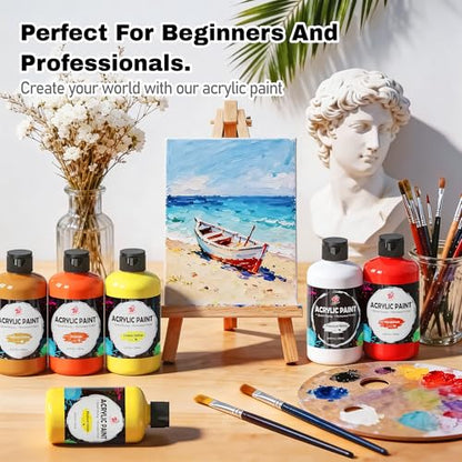 TBC The Best Crafts 24 Colors Acrylic Paint Set, 250ml (8.45oz) Each, Non-Toxic, Includes 10 Professional Brushes + Sponge + Painting Knife, for Canvas Wood Ceramic Rock Painting & DIY Crafts for Adults Artists