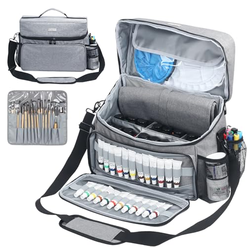 Acrylic Paint and Brush Set Organizer Bag - Carrying Case Compatible with Apple Barrel, Shuttle Art, Caliart Art Supplies - Includes Detachable Paint Brush Holder - for Home/Travel/Outdoor (Pro Gray) - color: Pro Gray