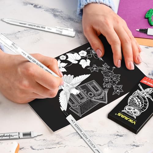 6PCS White Gel Pens for Dark Paper – 3 Fine Gel Pens (1.0mm, 0.8mm, 0.5mm) + 2 Dual-Tip Acrylic Paint Pens + 1 Liquid Ink Brush Pen for Adult Artists Journaling, Illustration, Lettering - style: 6 sizes
