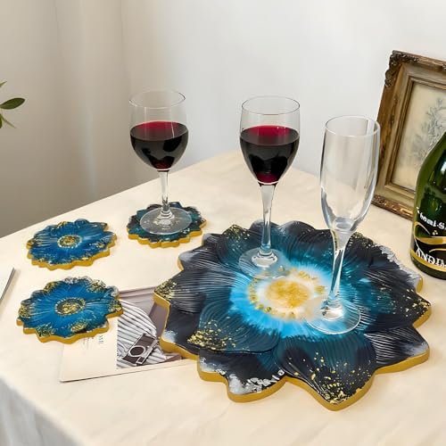 YXDGSG Large Resin Tray molds 14in Flower Resin Molds Silicone + 4pcs Coaster Silicone Mold Set DIY Art Craft Tray Cup Mats Epoxy Resin Casting
