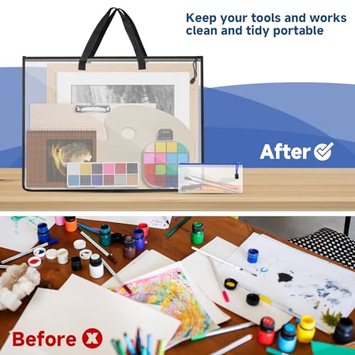 4 Pcs Art Portfolio Bag, 2 Pcs (25.31'' x 18.77'') Artwork Posters Storage Supply Bag and 2 Pcs (9.44'' x 4.33'') Small Mesh Zipper Pouch for Bulletin Board, Poster, Scrapbook, Brushes, Pencil