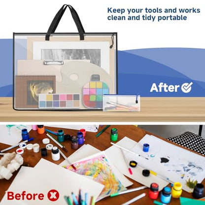 4 Pcs Art Portfolio Bag, 2 Pcs (25.31'' x 18.77'') Artwork Posters Storage Supply Bag and 2 Pcs (9.44'' x 4.33'') Small Mesh Zipper Pouch for Bulletin Board, Poster, Scrapbook, Brushes, Pencil