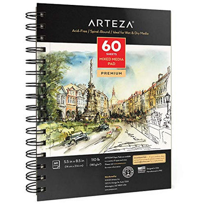 ARTEZA Mixed Media Sketchbook, 5.5 x 8.5 Inches, Pack of 1, 60 Sheets, Micro-Perforated Spiral-Bound Paper Pad for Wet and Dry Media - size: 5.5"x8.5" (Pack of 1)