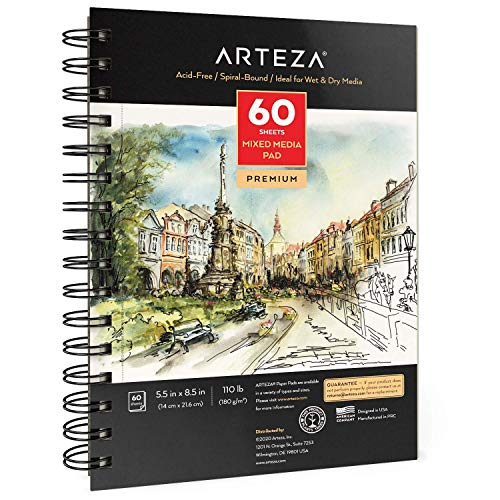 ARTEZA Mixed Media Sketchbook, 5.5 x 8.5 Inches, Pack of 1, 60 Sheets, Micro-Perforated Spiral-Bound Paper Pad for Wet and Dry Media - size: 5.5"x8.5" (Pack of 1)