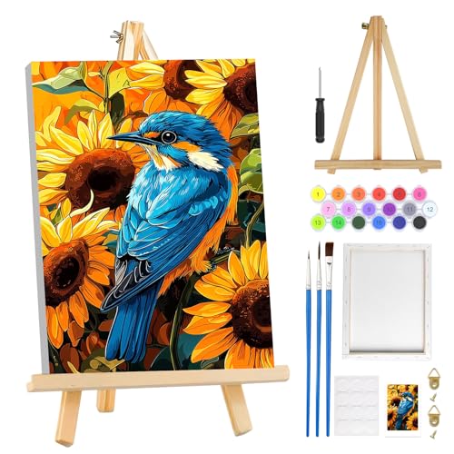 MOGTAA Birds Paint by Numbers Kit for Adults Beginners with Frame, Sunflower Adult Paint by Number Kits on Canvas with Easel, Easy DIY Animal Oil Painting Kits for Home Decor, 8x12in - color: Birds