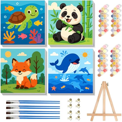 Arttoplus 4 Pack Paint by Numbers Kit for Kids with Frame Animals 8x8 inch | Cute Animals Kids Paint by Numbers Ages 4-6-8 with Wooden Easel, Easy DIY Acrylic Oil Painting by Number for Gift Home Decor - color: BKH1619+BKH1620+BKH1621+BKH1622