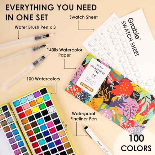 Grabie Set of 100 Color Premium Watercolor Paint Set with Brush Pens | Brush Pens And Paper Pad Included, Waterproof Fineliner, Portable Art Kit, High Pigment Paints, Smooth Color Blending - color: 100 Colors（Premium）
