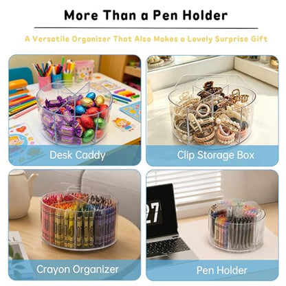 SUPEASY Acrylic Rotating Pencil Holder, 360° Clear Pen & Marker Organizer | Crayon Art Supply Organizer with 6 Compartments and Carry Handle for Desk, Home, Office, Classroom