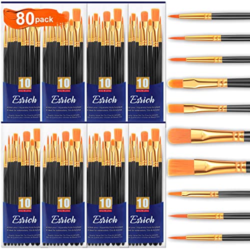 ESRICH Acrylic Paint Brushes Set, 8Packs 80 Pcs Nylon Paintbrushes | Acrylic Oil Watercolor Rock Body Face Nail Art, Perfect Suit of Art Painting, Best Gift for Kids Adult Drawing - color: Black, size: 80