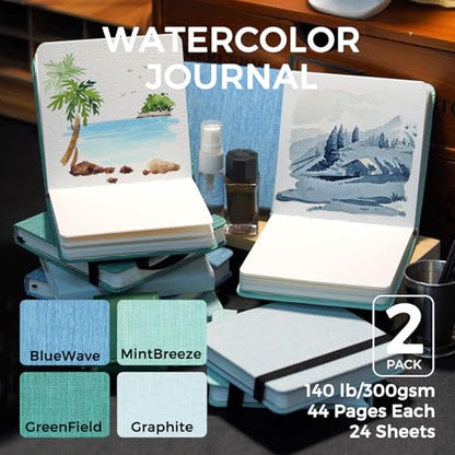 Funto Watercolor Journal 2 Pack, 4.7”x4.7” 48 Sheets Total, 100% Cotton Cold Press Paper 300gsm/140lb, Acid-Free Sketchbook Set for Practice & Class (Deep Blue) - color: Deep Blue